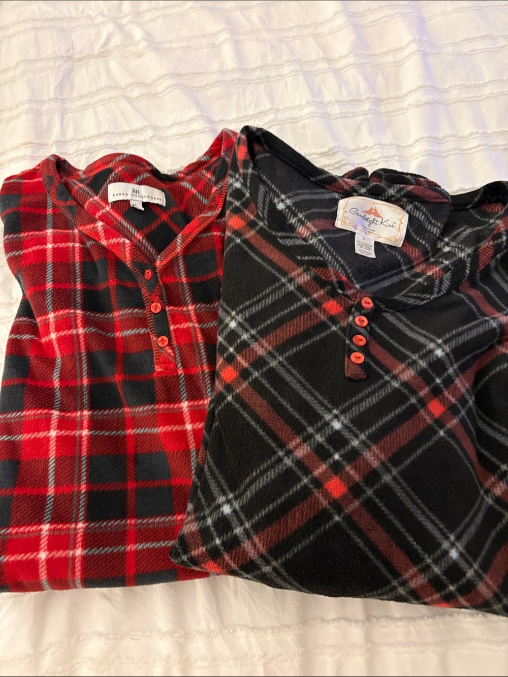 Two Plaid Fleece Henley Nightshirts - Red & Black - L - Set of 2